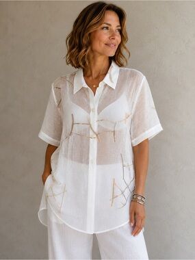 Spring Sheer White Blouse with Gold Embroidery size large